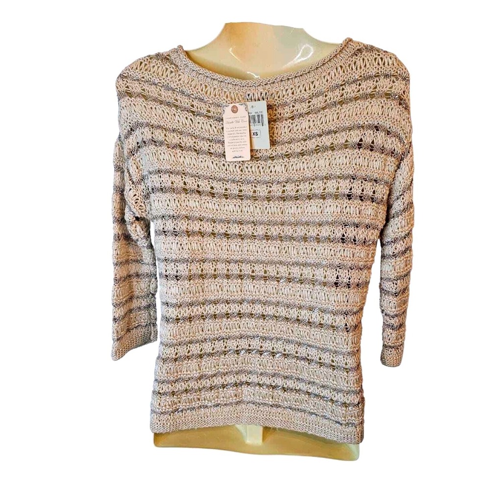 Lucky Brand Sweater Women XS Cream Silver Metallic Open Knit New 7W50994 - Picture 4 of 13